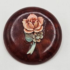 VINTAGE 3D Painted Pink Rose Flower Round Brooch Pin